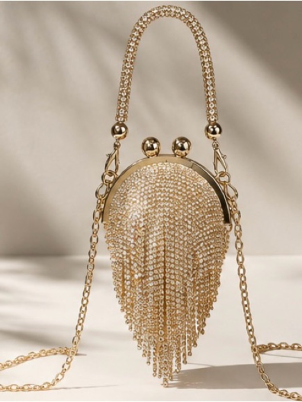 Luxury Crystal Fringe Teardrop Evening Bag with Gold Chain Strap